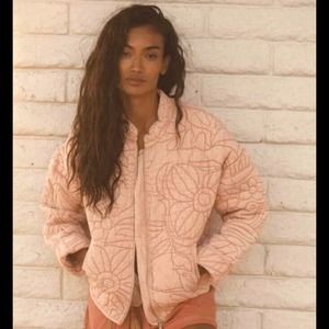 Anthropologie Pink Quilted Bomber Jacket Relaxed Medium Floral Cotton